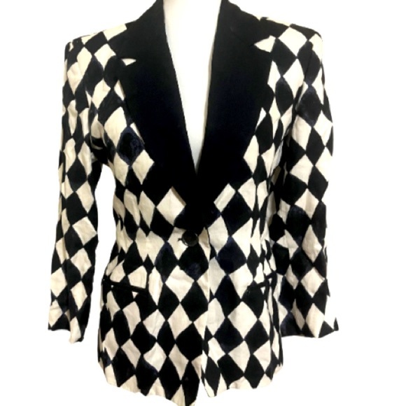 90’s Isaac Mizrahi blazer-style jacket feat. a black & white diamond check print - Picture 4 of 9